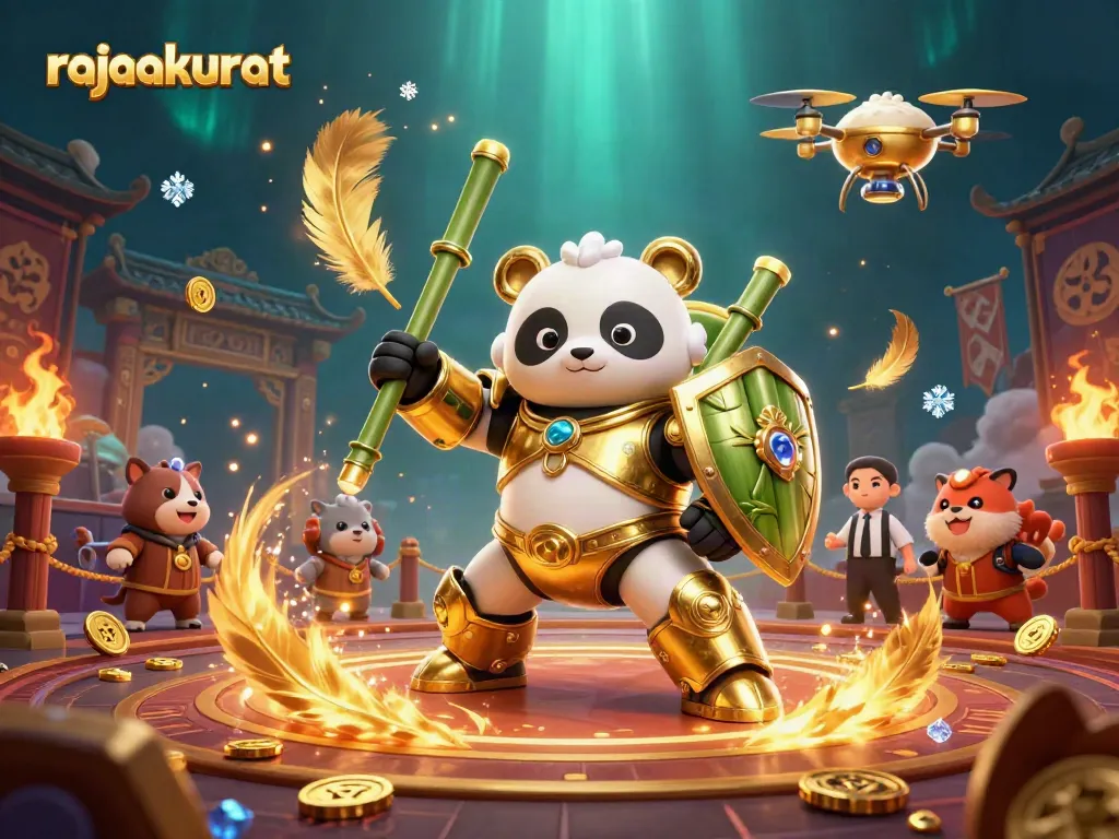 Rajaakurat menampilkan panda emas memimpin robot tempur dalam arena kasino yang meriah.
