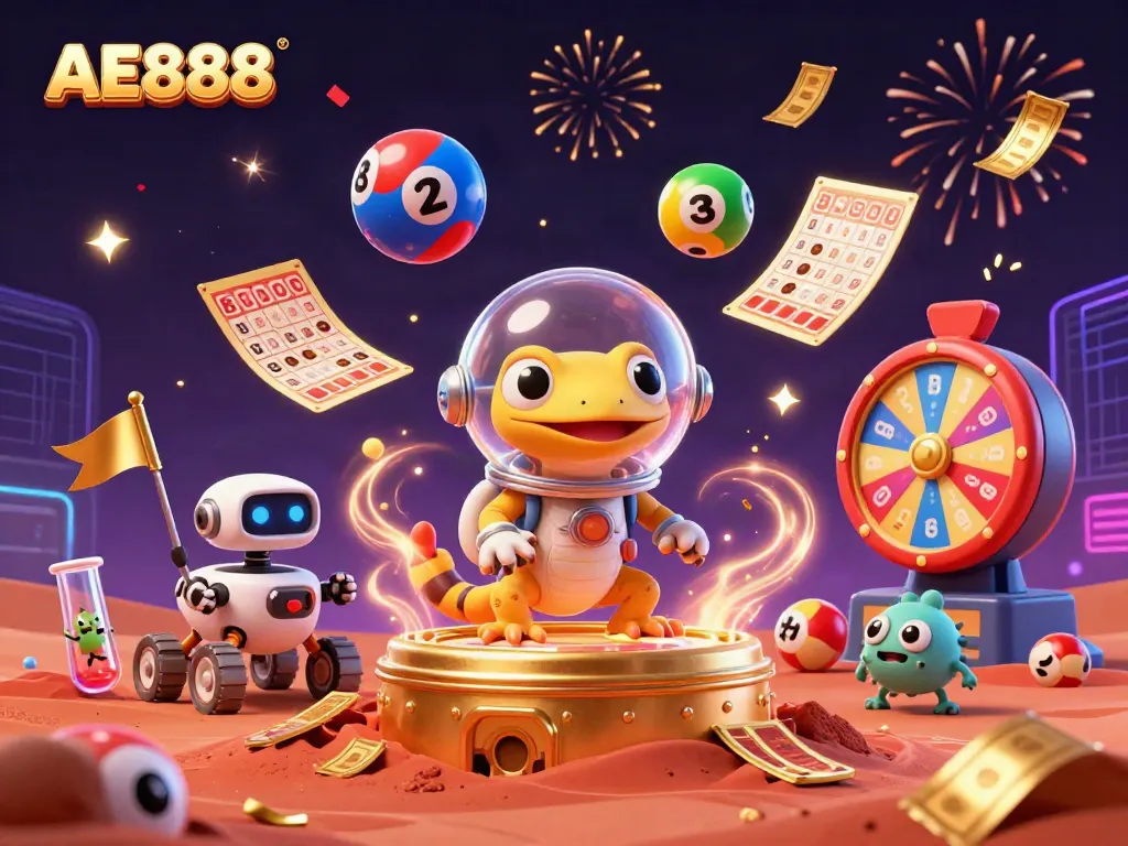 Celebrate wins at AE888 with a cartoon scene showcasing an alien-themed casino on Mars.