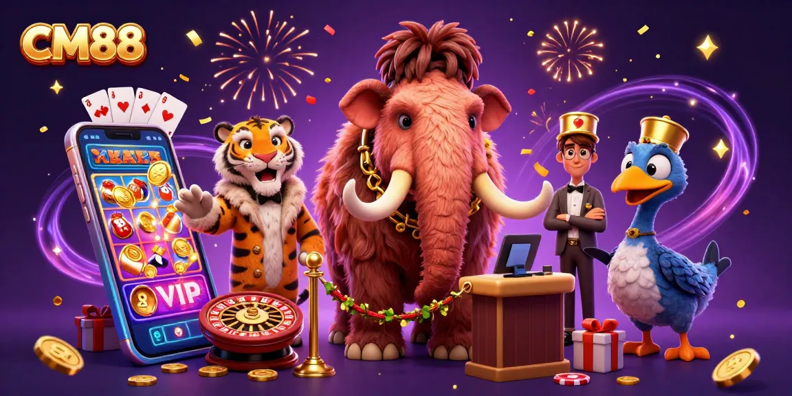 CM88 showcases a lively casino scene with a mammoth bouncer and vibrant game elements