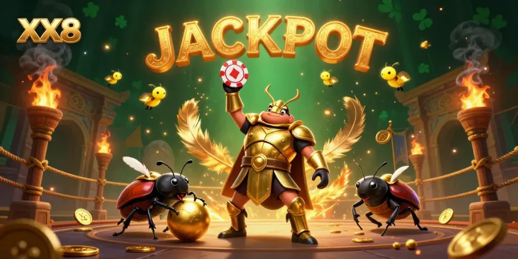 Experience the thrill of wins with XX8 in an exciting casino scene featuring cartoon characters and dazzling elements.
