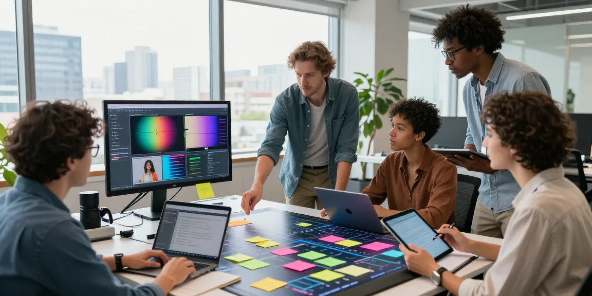 Diverse team collaborating on a mix board in a modern workspace, showcasing vibrant visuals and brainstorming activities.