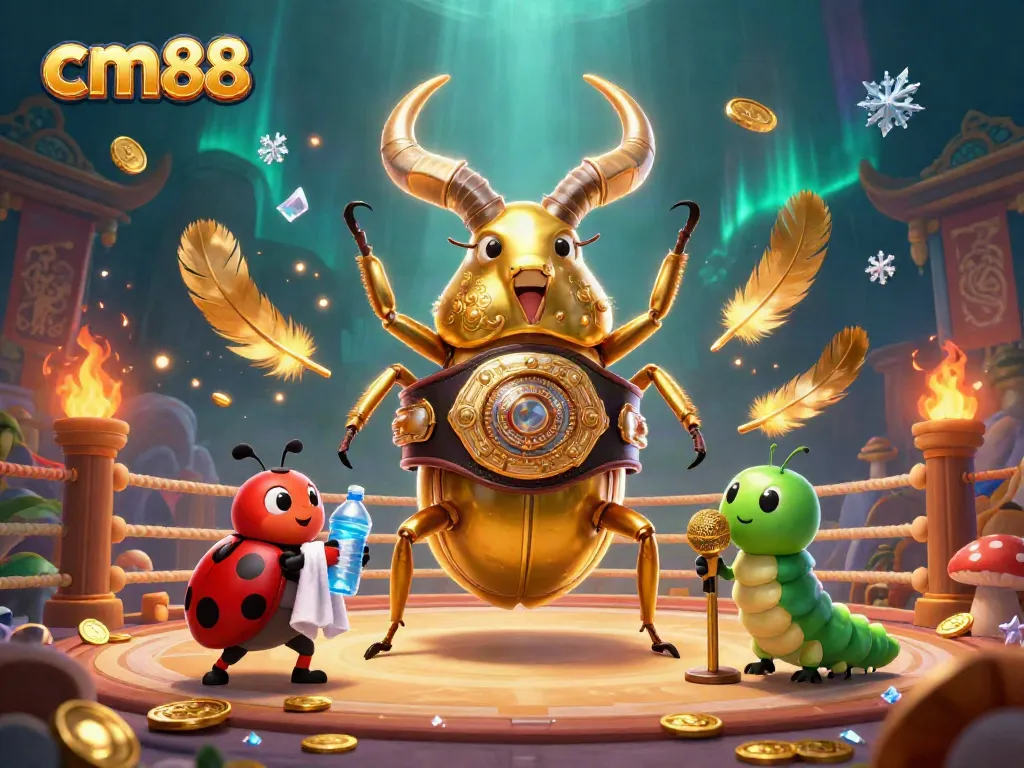 Bet on cm88 with a vibrant scene featuring a giant 3D beetle champion, betting tokens, and coins.
