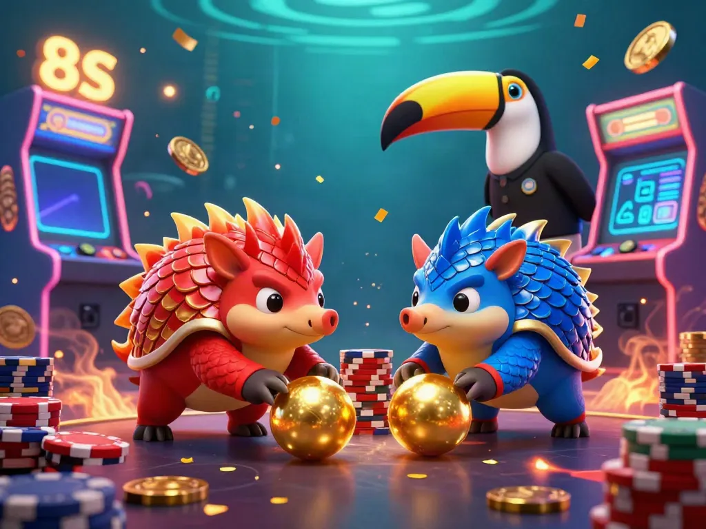 Join the 8S pangolins in a lively casino bowling showdown amidst stacks of poker chips.