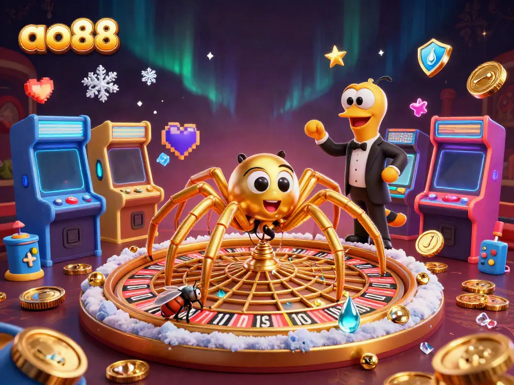 Bet with ao88 as a golden spider spins a roulette wheel web illuminated by arcade game elements