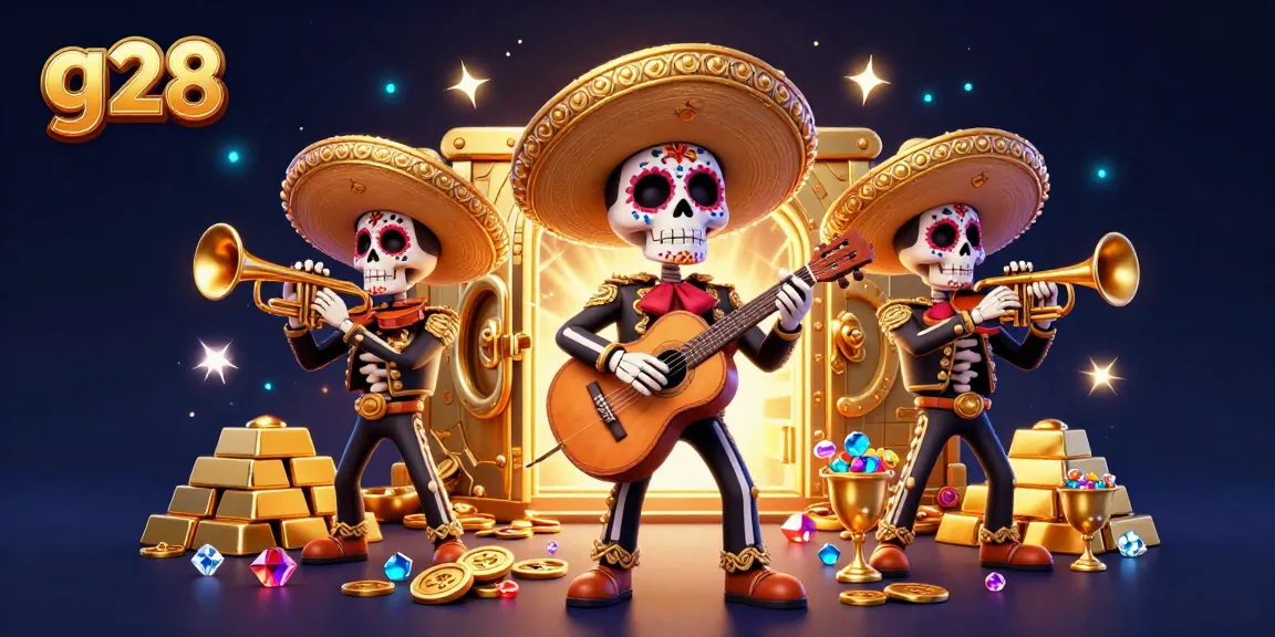 Experience g28's excitement with vibrant mariachi skeletons and golden treasures in this casino-themed illustration.
