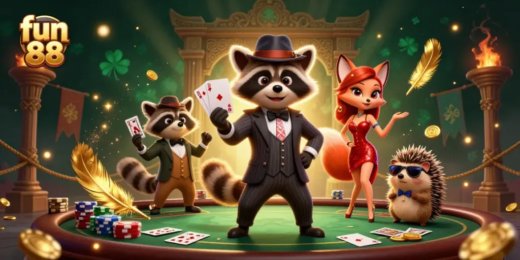 Experience exciting moments with fun 88 as a raccoon holds a royal flush hand at the poker table.