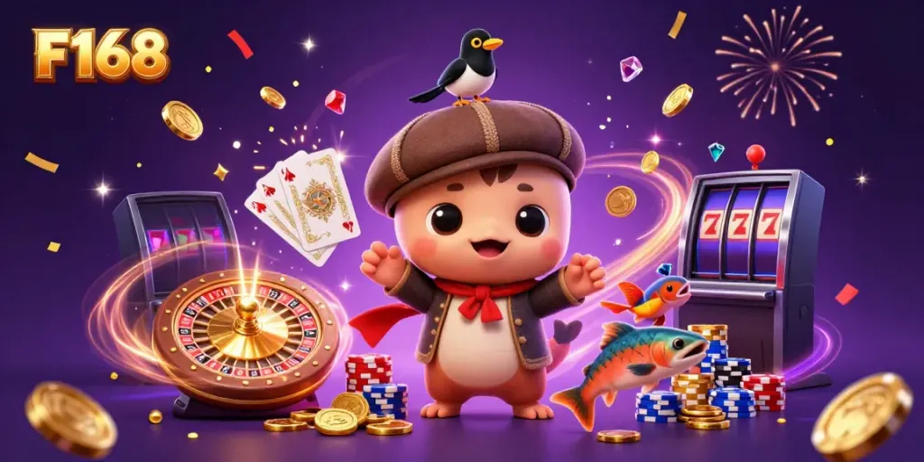 Experience the vibrant gaming world of F168 with 3D characters and dynamic casino elements.