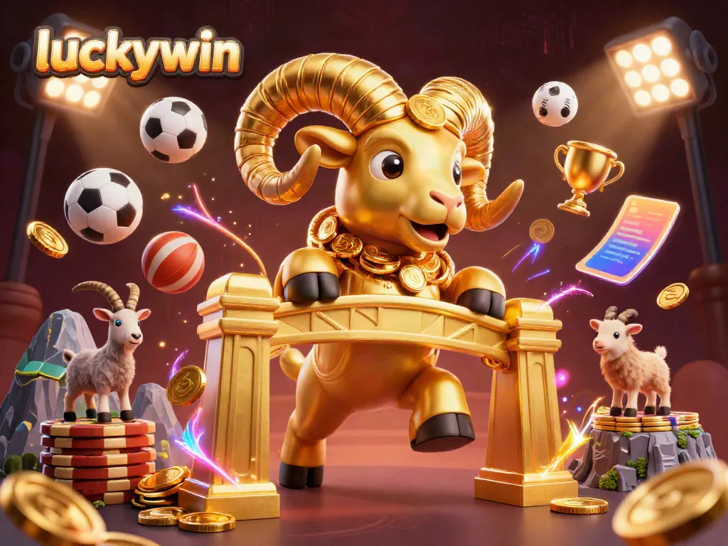 Experience the thrill of luckywin with a dynamic scene featuring a golden ram, sports balls, and vibrant casino elements.