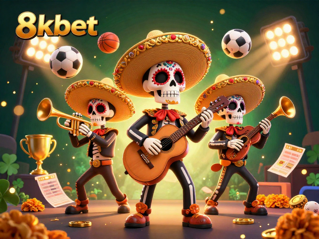 Engage with the 8kbet casino experience featuring vibrant mariachi band, dynamic sports elements, and winning trophies.
