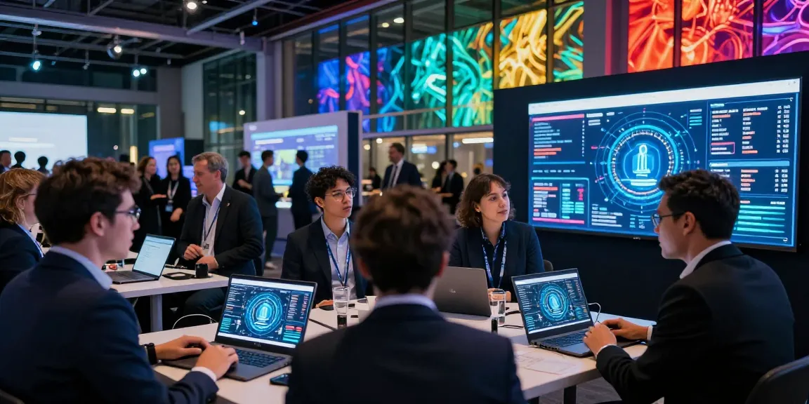 Blockchain 2026 conference scene showcasing diverse professionals discussing innovative technology and financial analytics.