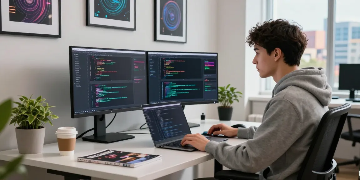 Dynamic coder debugging hot AI software in a vibrant workspace.
