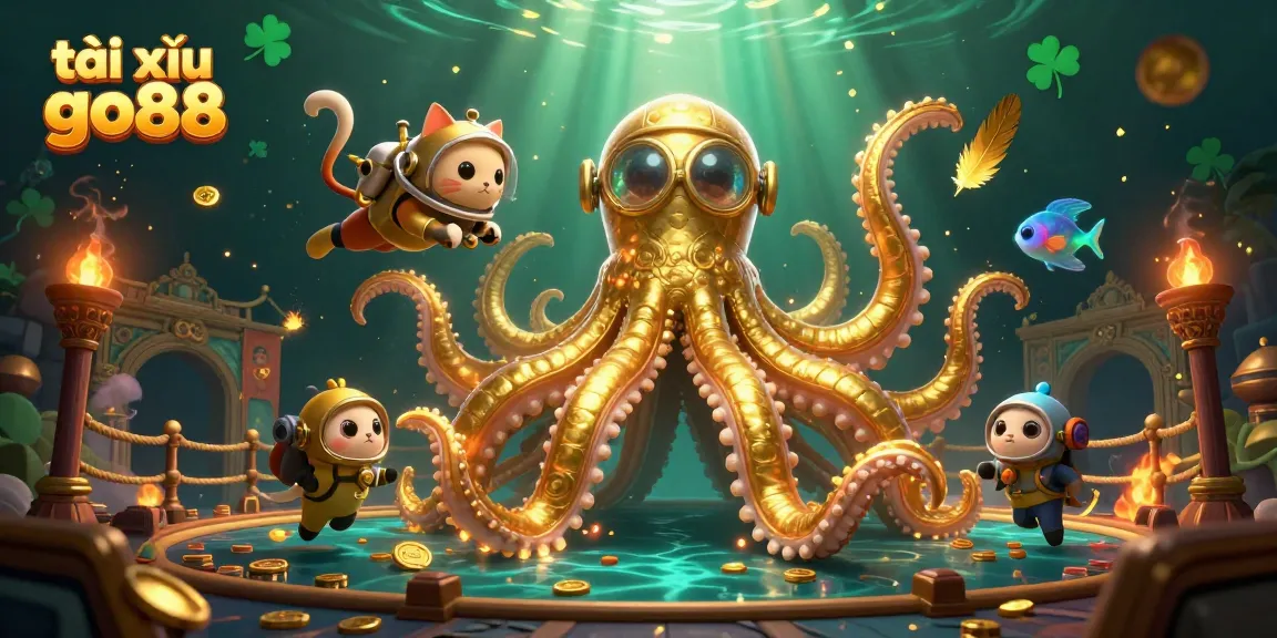 Play tài xỉu go88 in an exciting underwater scene with a colossal kraken and diving cat.