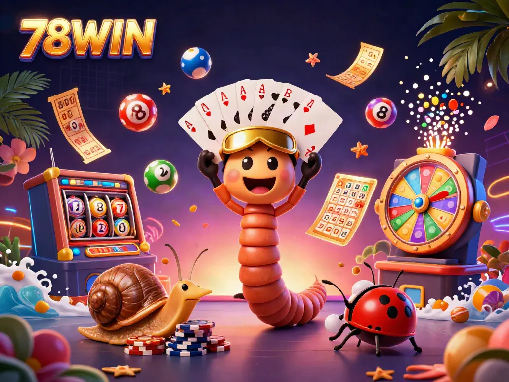 Experience the vibrant excitement of 78WIN casino with a lively 3D illustration of a millipede dealer and colorful game elements.