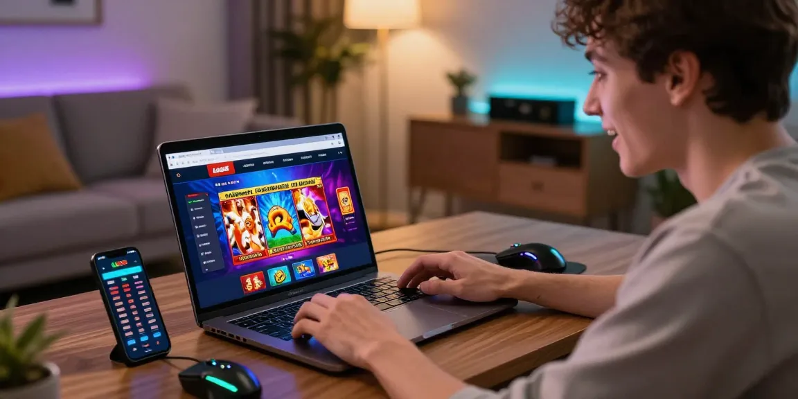 LUCK8 user enjoying an online casino experience at a stylish home setup with vibrant game graphics.