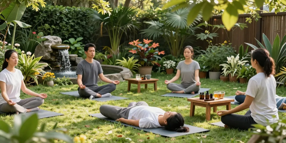Calming garden meditation scene to help ridurre lo stress with greenery and relaxation elements.