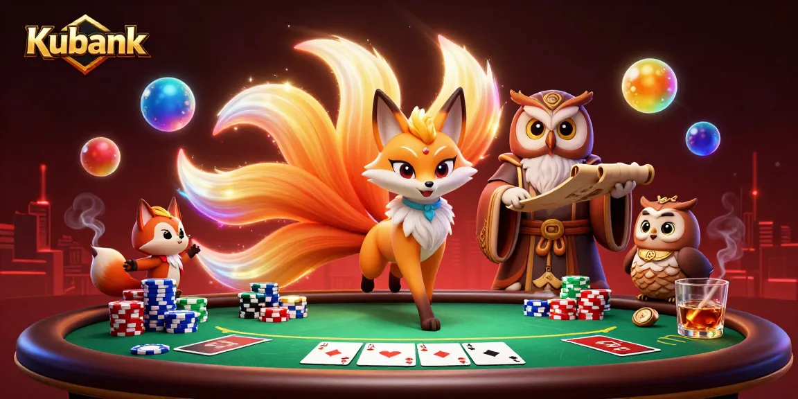 Kubank showcases a vibrant casino scene featuring a nine-tailed fox spirit, an owl with a scroll, and poker elements.