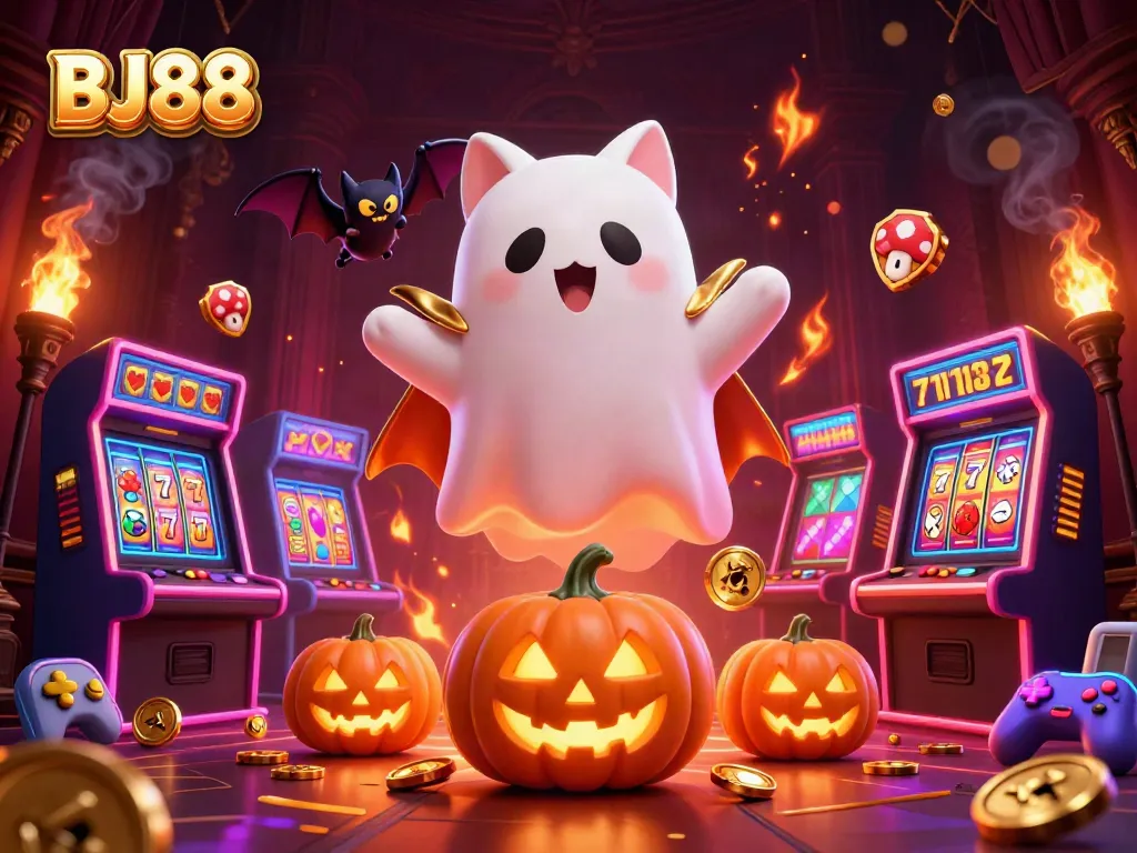 Engage with BJ88 in a vibrant 3D casino scene featuring playful gambling elements.