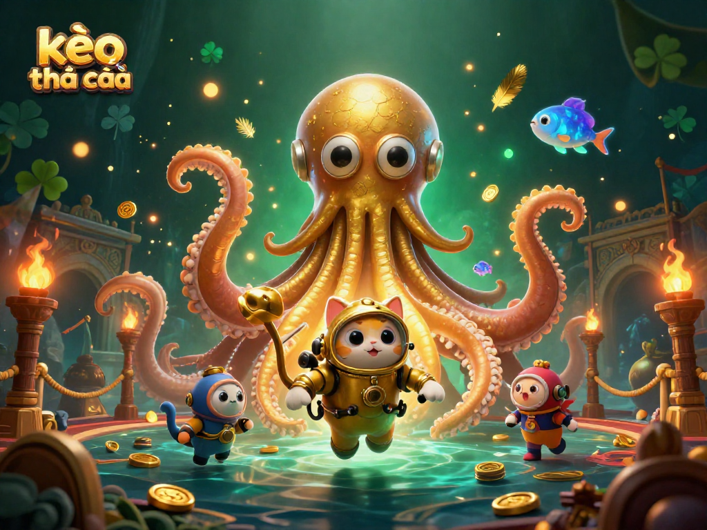 Engage with kèo nhà cái in a thrilling underwater casino scene featuring a kraken and a diving cat.