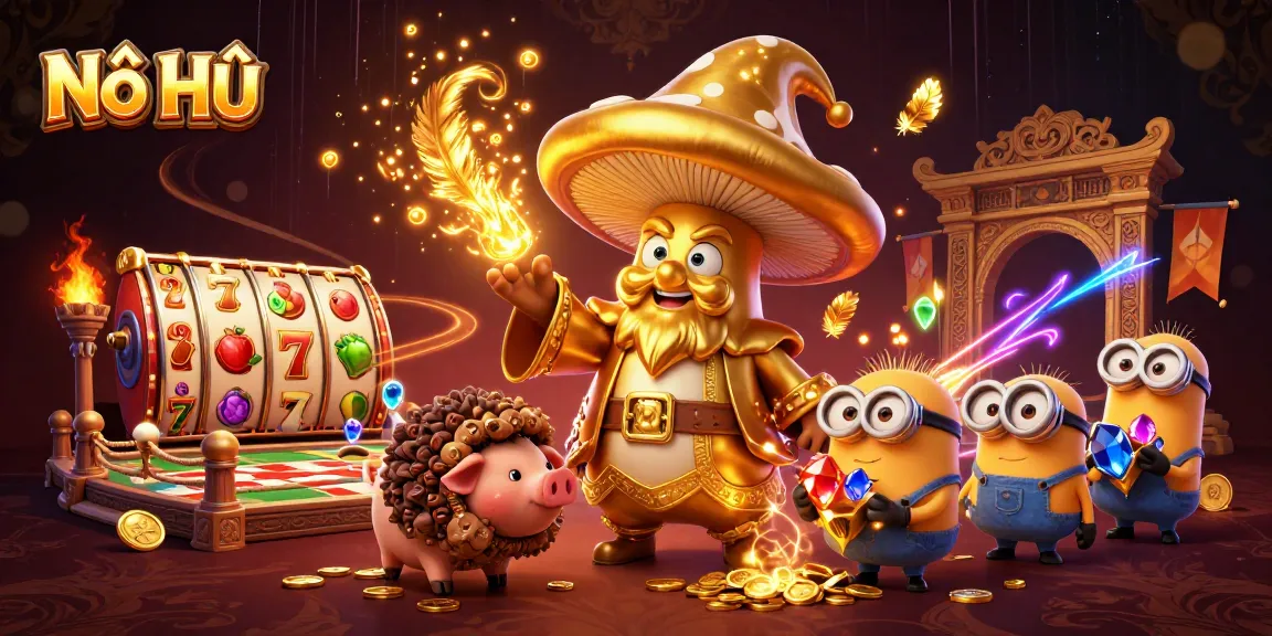 Nổ Hũ brings luck as a golden mushroom wizard and treasure-hunting pig join in vibrant casino action.