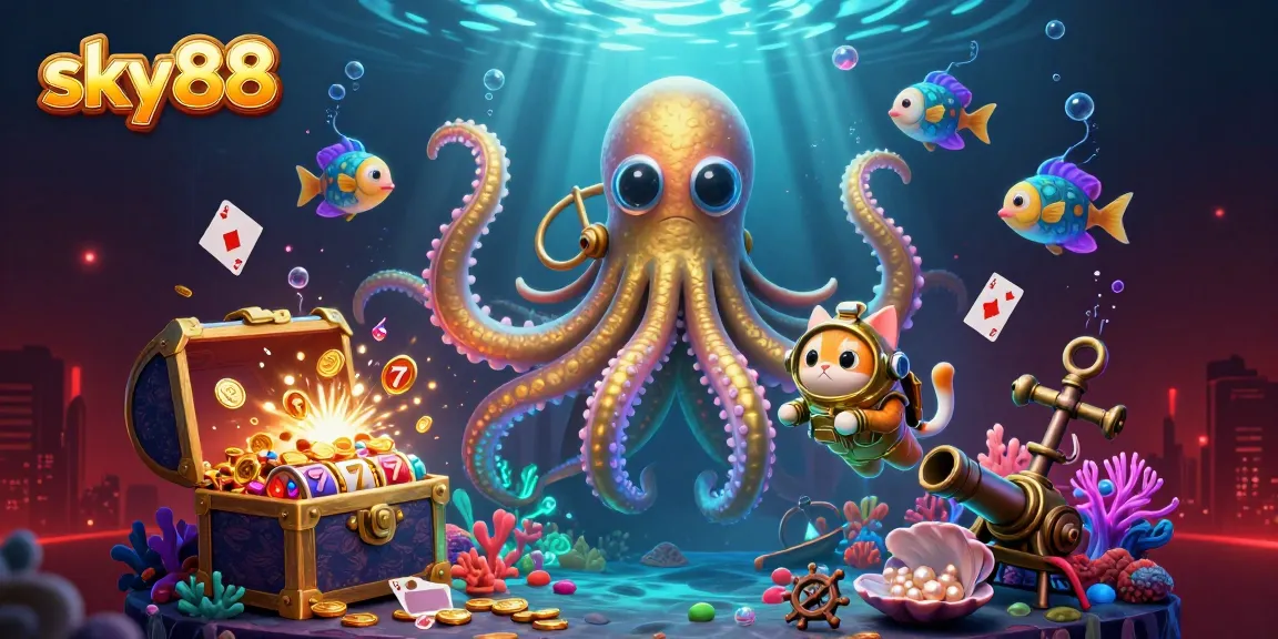 Experience sky88's vibrant casino atmosphere with captivating treasure-filled scenes.