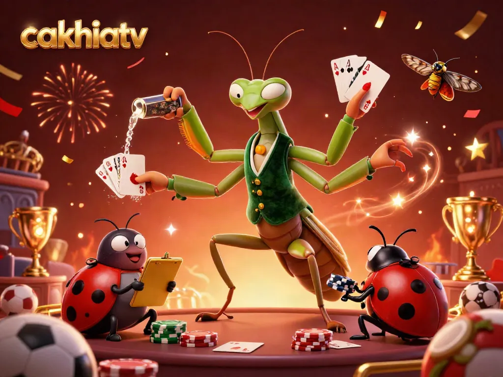 Cakhiatv showcases a vibrant scene with a praying mantis dealing cards, a ladybug boss, and festive gambling elements.