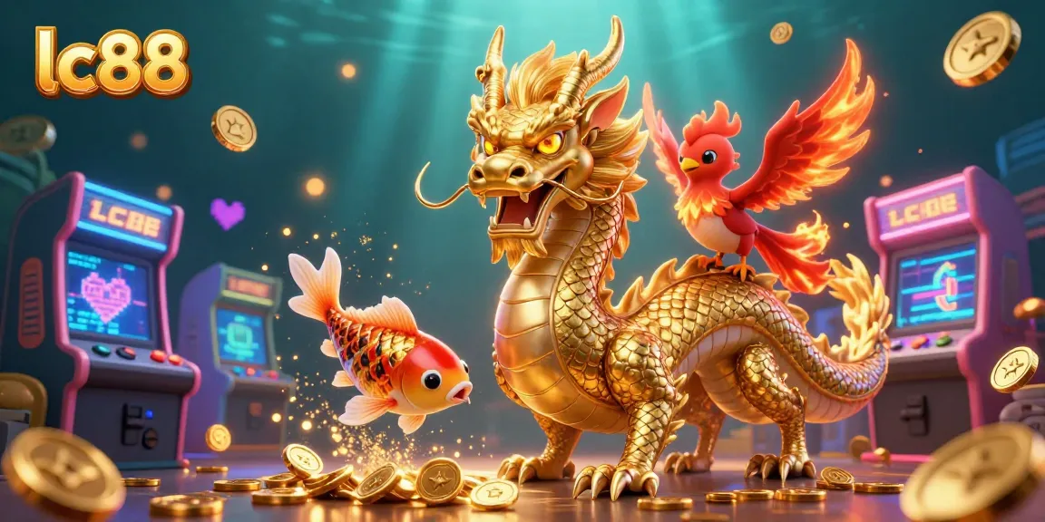 Engage with lc88's vibrant gaming energy featuring a dragon, phoenix, and koi fish amidst gold coins.