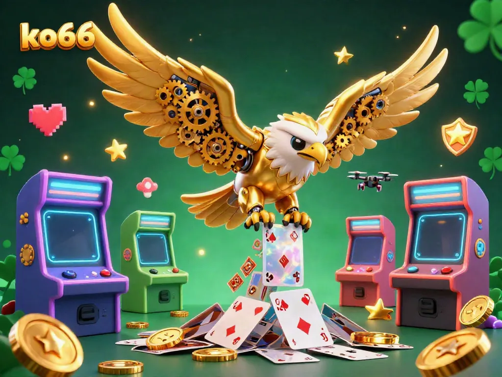 Experience the excitement of ko66 in a vibrant 3D illustration featuring a golden eagle and dynamic gaming elements.