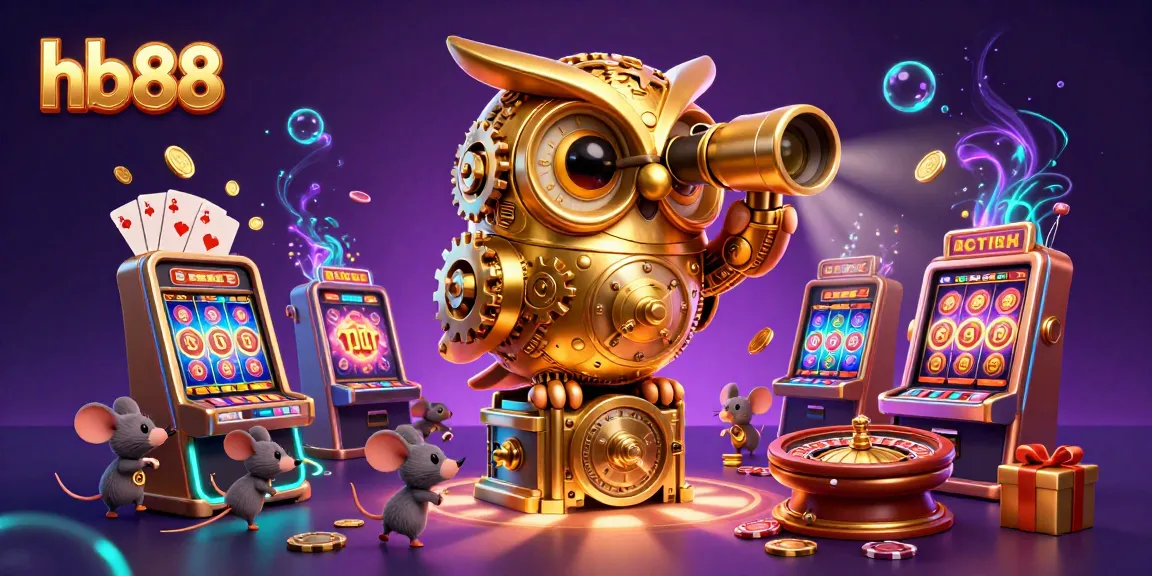 Play exciting games at hb88 casino, featuring a golden owl overseeing vibrant slot action.