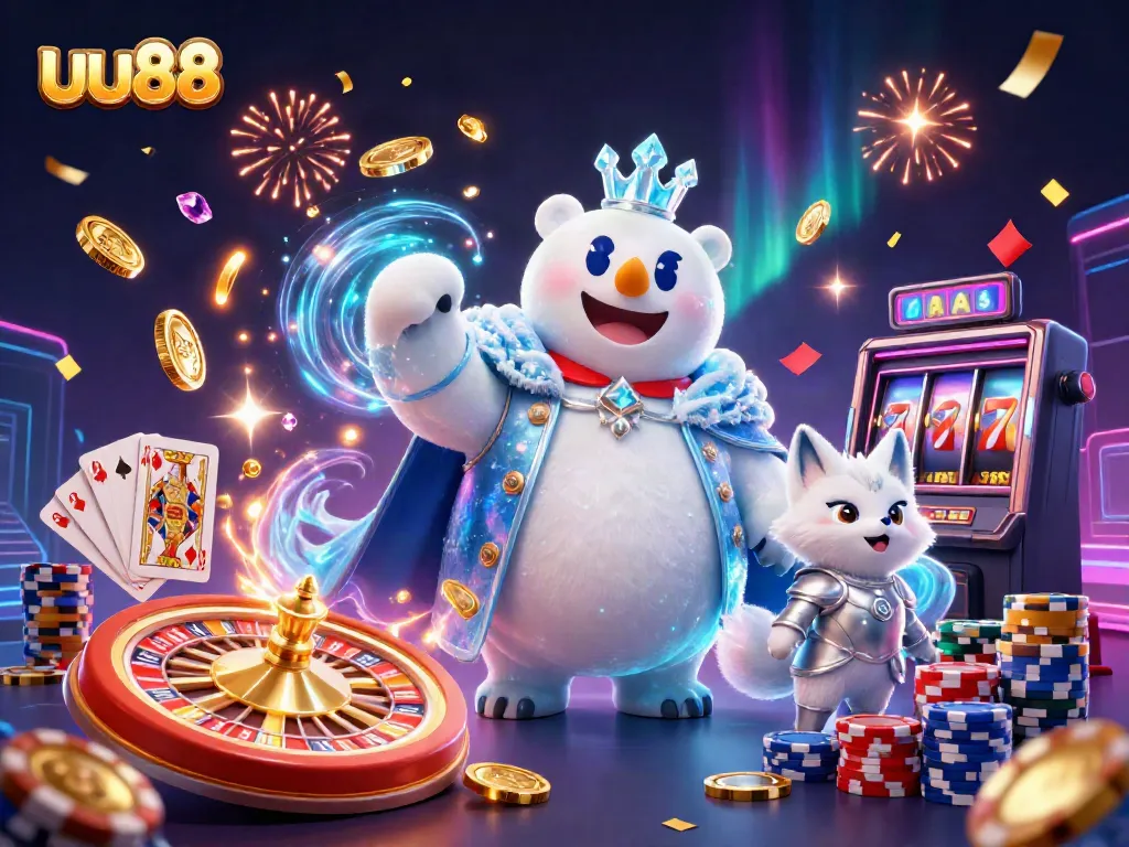 Experience the thrill of uu88 with 3D polar bear king and fox, amidst dazzling casino elements.