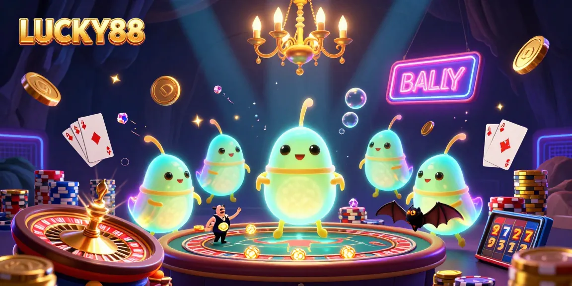 Experience LUCKY88 with vibrant glowworms and dynamic casino gaming elements in a 3D digital illustration.