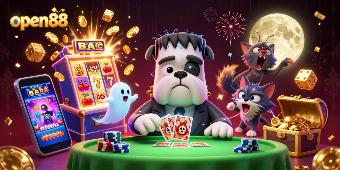 Experience the thrill of open88 with a lively illustration showcasing unique characters, casino elements, and vibrant energy.