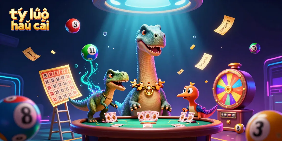 Engage with tỷ lệ nhà cái through dynamic 3D casino scene featuring vibrant lottery balls and playful dinosaurs.