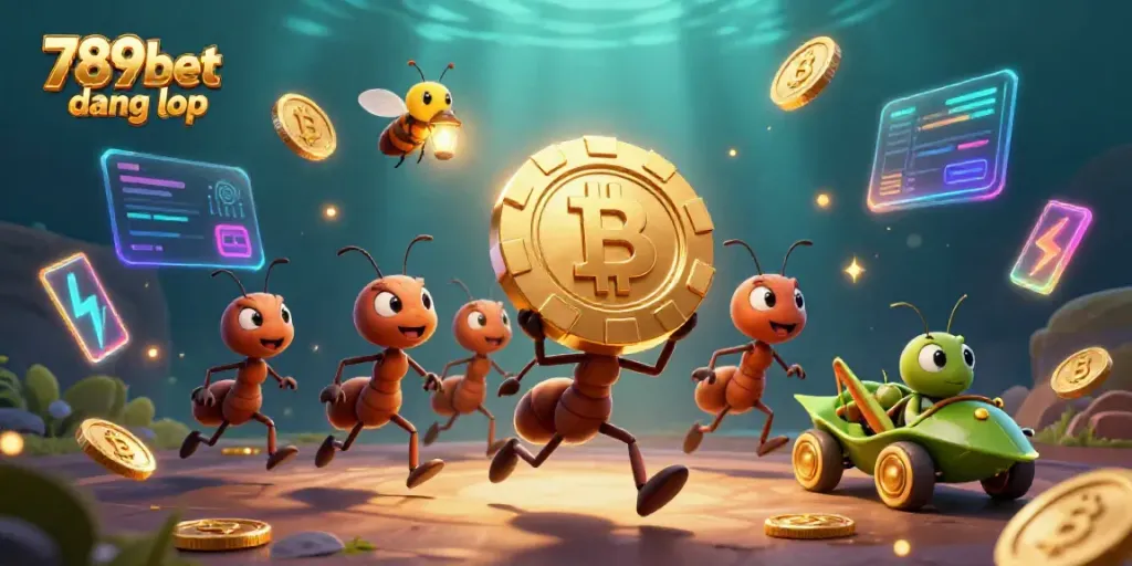 Engaging illustration showcasing 789bet đăng nhập with animated ants on a heist surrounded by crypto elements.
