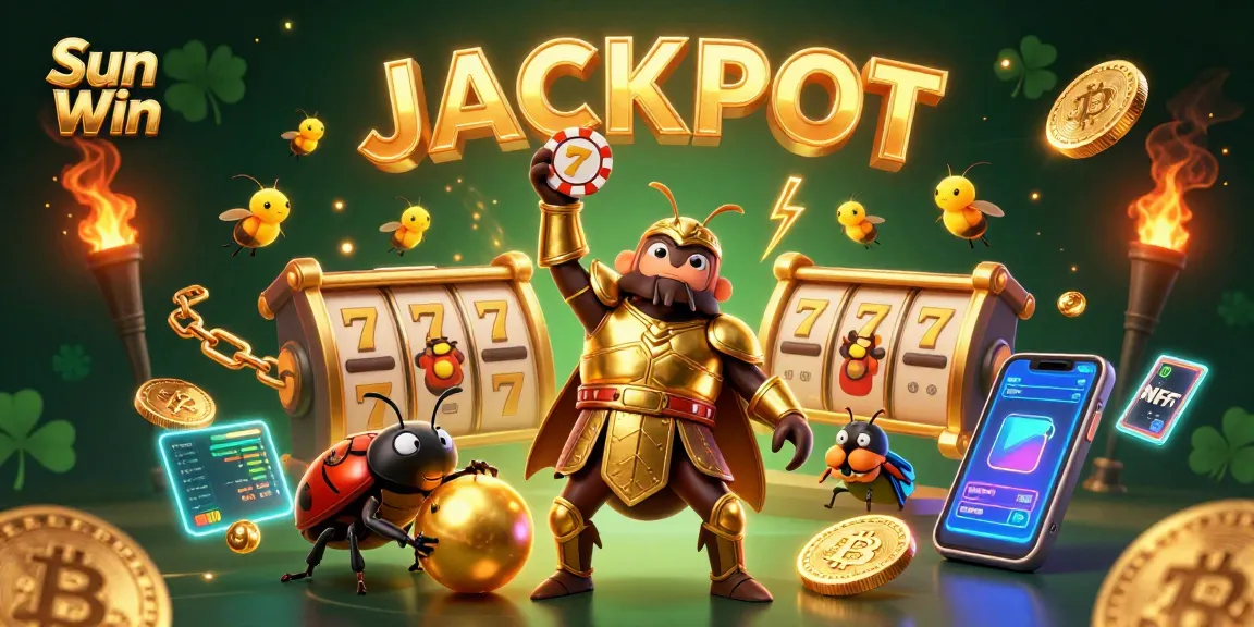 Experience the excitement of Sun Win with a 3D illustration featuring a victorious beetle and dynamic casino elements.