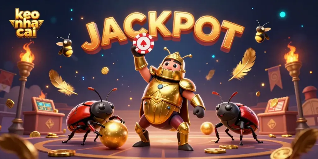 Engaging keo nha cai scene with a hercules beetle in gladiator armor triumphantly lifting a poker chip.