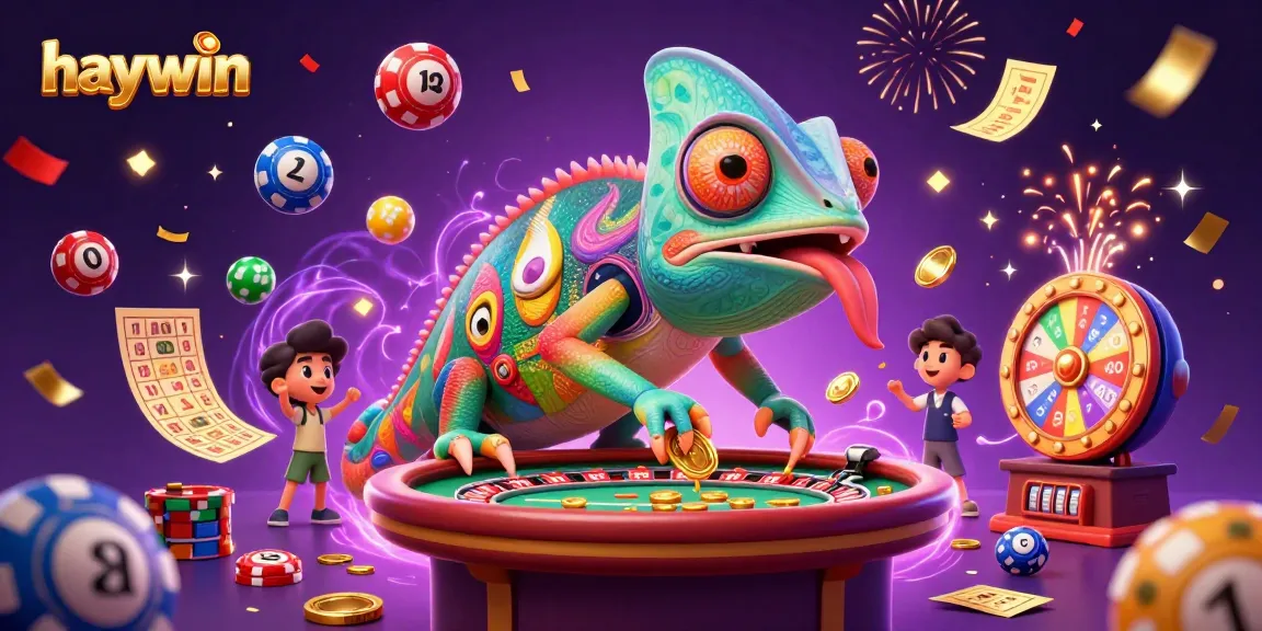 Experience the excitement of haywin's dynamic casino world, featuring a colorful chameleon and vibrant game elements.