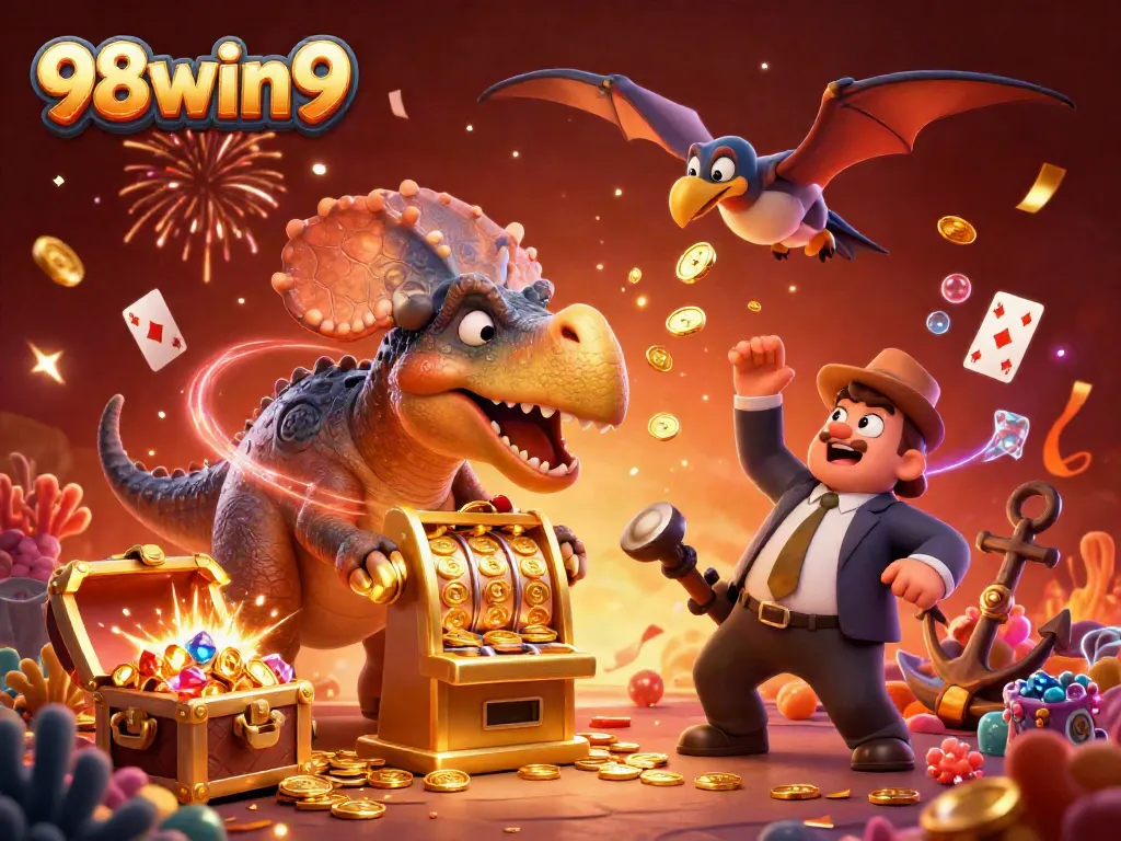 Experience the excitement of 98win9 as a pachycephalosaurus wins jackpot coins in a vibrant casino scene.