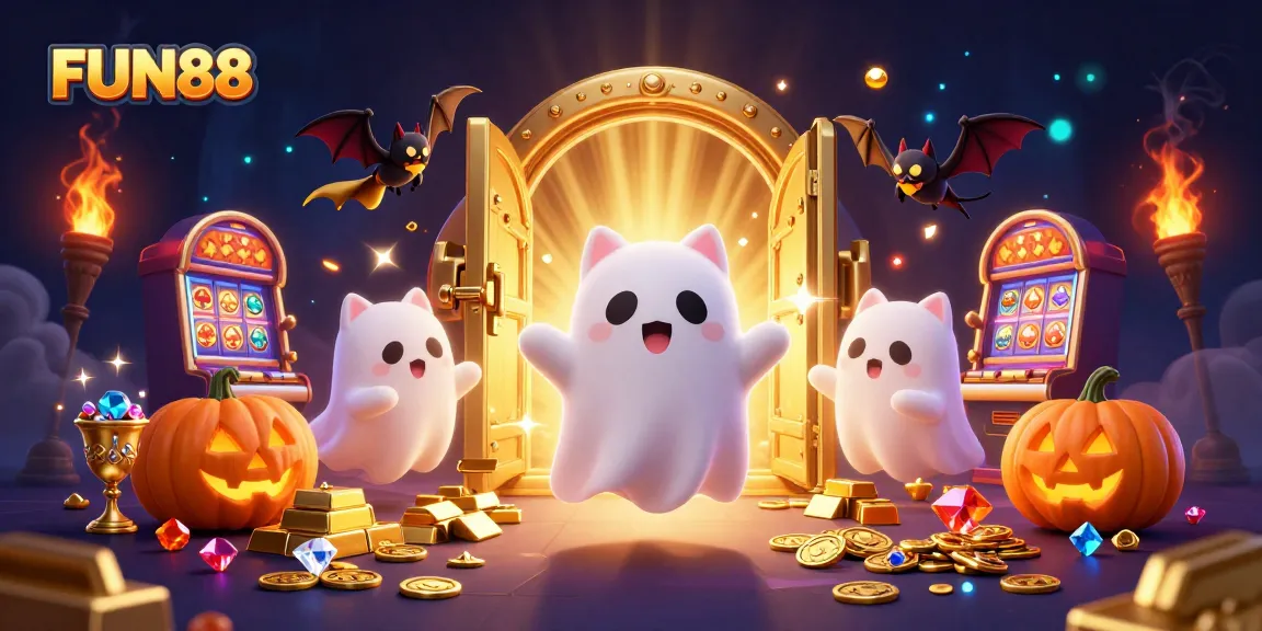 Experience the thrill of FUN88 with a ghost cat and bat companion in this vibrant casino scene.