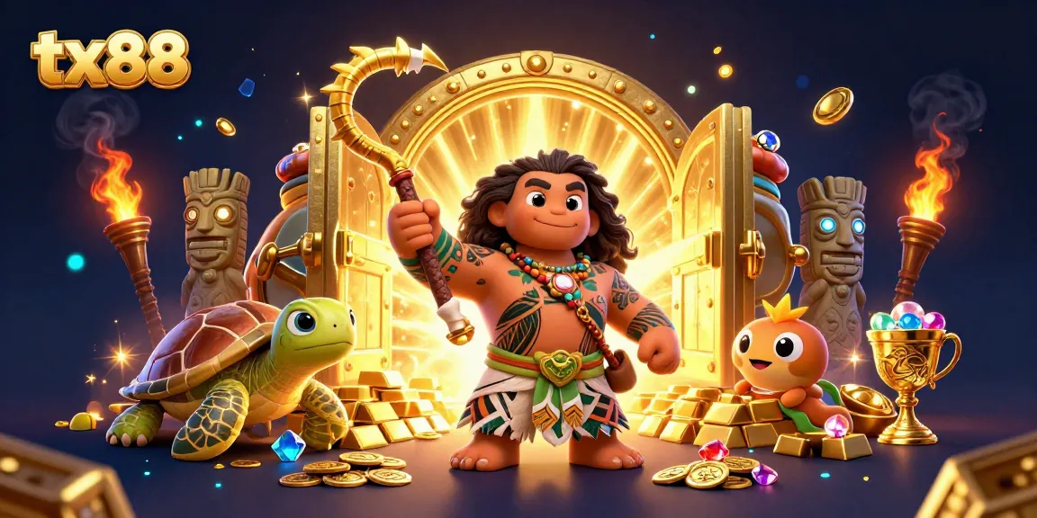 Experience excitement and adventure with tx88's vibrant online casino scene featuring dynamic characters and treasures.