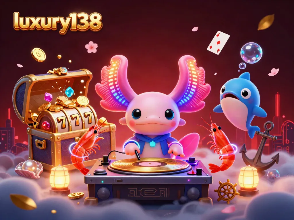 Engage in the vibrant action at luxury138 with a dynamic underwater casino scene featuring a DJ axolotl and dancing shrimp.