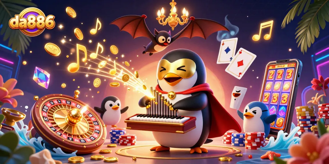 Experience the excitement of da886, where a whimsical penguin plays a golden organ amid a casino fantasy.