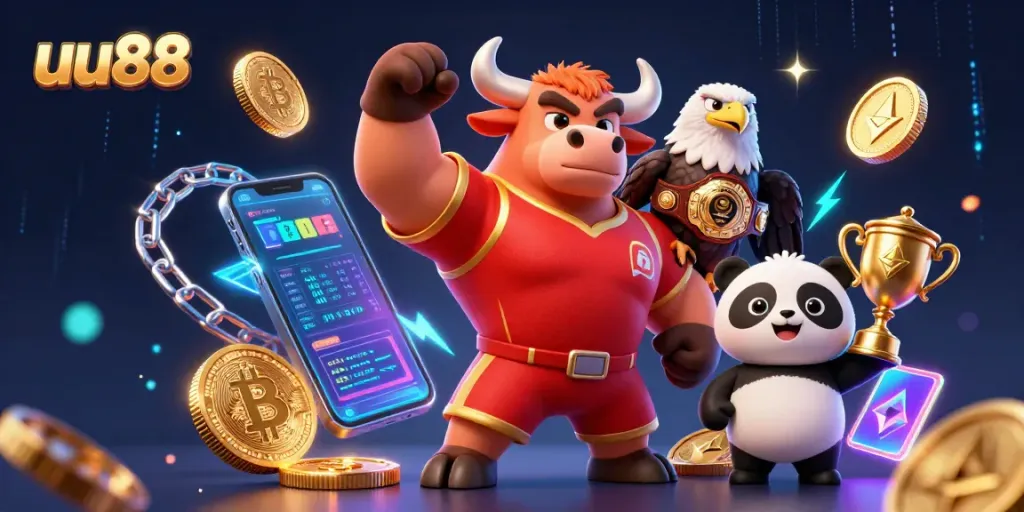 uu88 sports betting victory with a cartoon bull, eagle, and panda in a vibrant casino scene