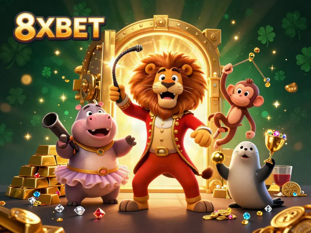 8XBET circus-themed 3D illustration featuring vibrant casino characters with a treasure vault.