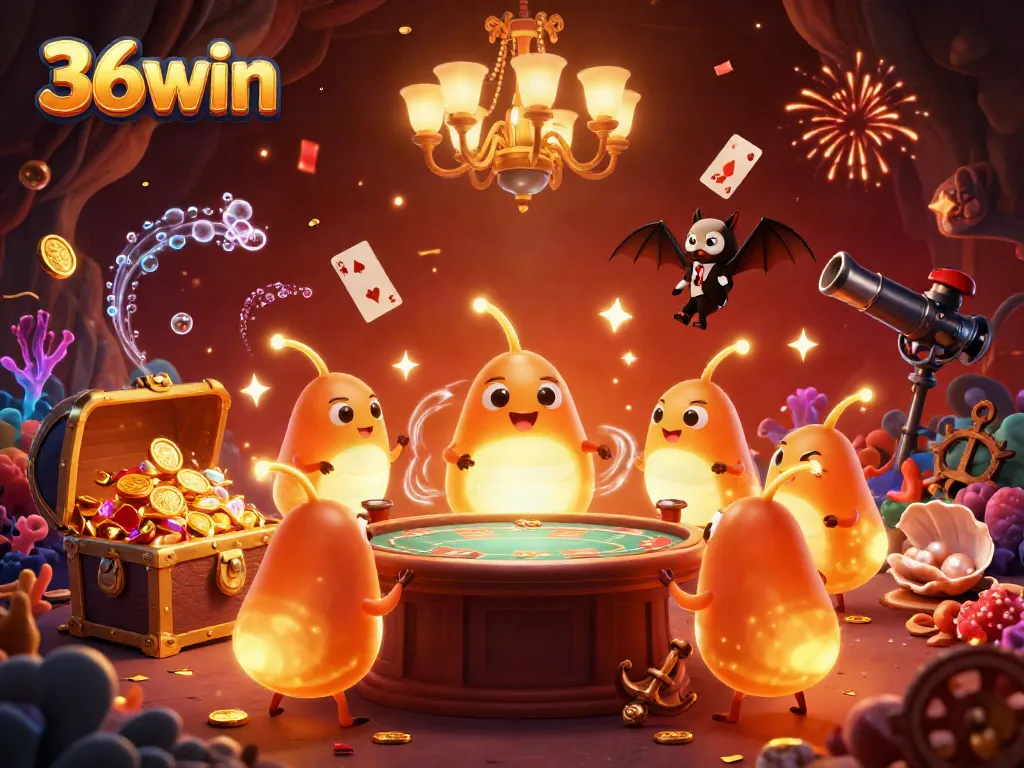 Experience excitement in a vibrant casino environment with 36win's glowing glowworms and dynamic elements.