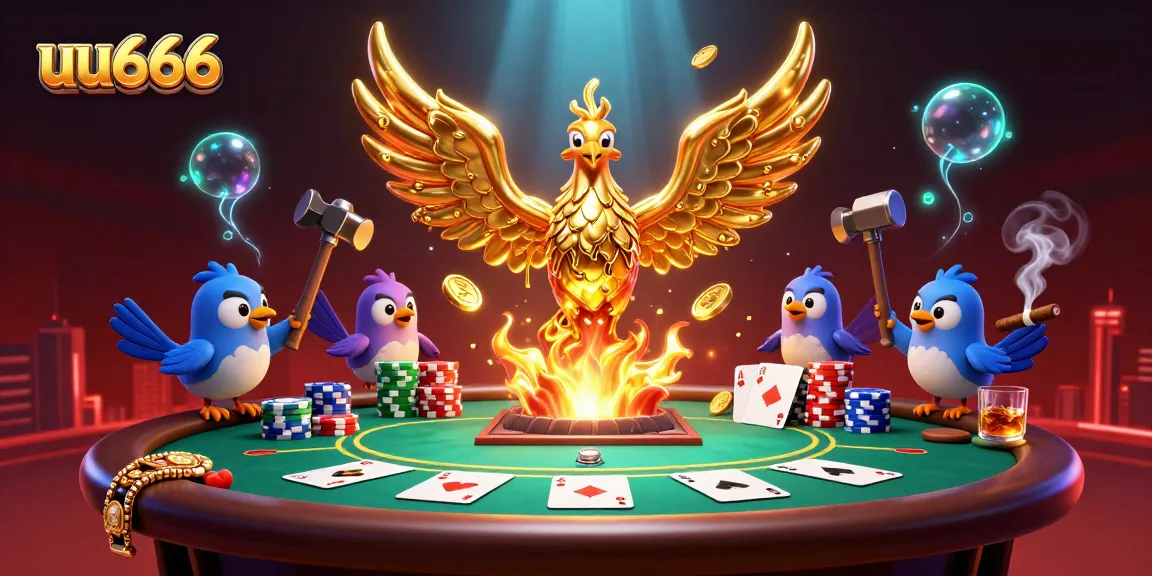 Engage with the exciting atmosphere of uu666 casino games, featuring a golden phoenix and poker elements.