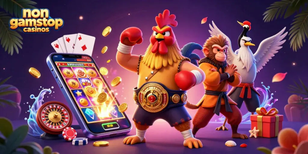 Engage with non gamstop casinos through dynamic gaming visuals featuring lively characters and casino elements.