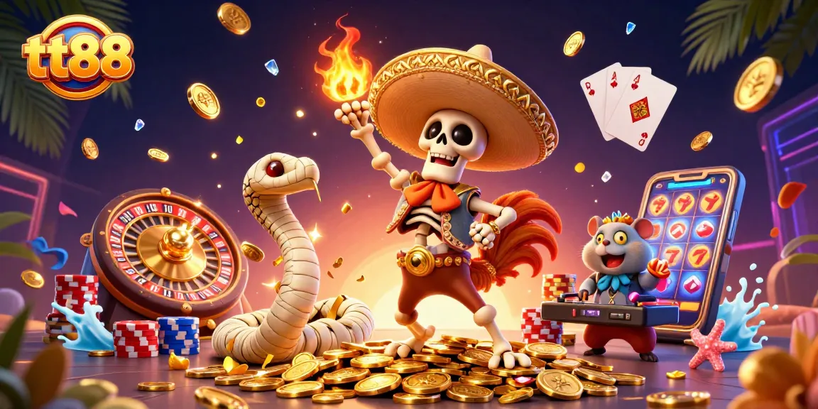 Experience excitement at tt88 with a festive cartoon skeleton mariachi rooster dancing among casino riches.