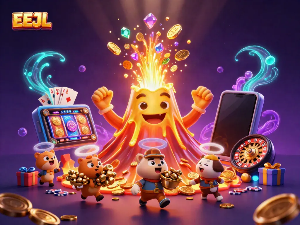 EEJL casino illustration with a golden volcano, treasure-seeking animals, and vibrant gaming elements