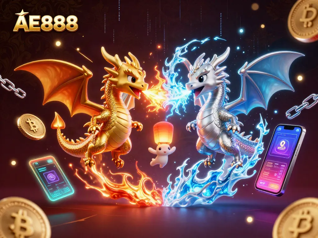 Engage with AE888's thrilling gaming experience, featuring vibrant dragons, crypto elements, and casino excitement.