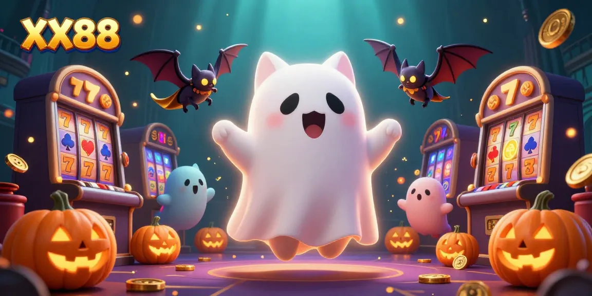 Experience thrilling casino adventures with XX88's ghostly cat and vampire bat companions amid slots and glowing jack-o-lanterns.